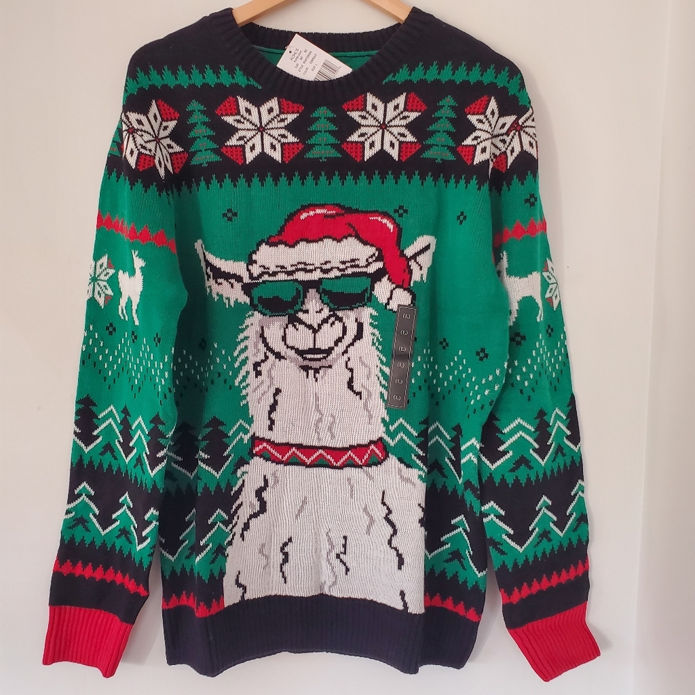 NWT! UGLY CHRISTMAS SWEATER Men L Santa Llama Nordic Crewneck Holiday Party FUN!